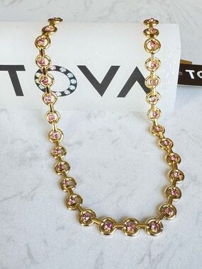 Gold Chain Necklace with Pink Crystal Accents